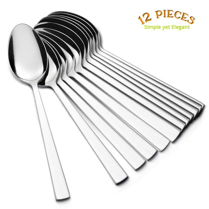 Teaspoon Set of 12, E-far 6.7 Inch Stainless Steel Spoons for Kitchen or Restaurant, Non-toxic & Mirror Polished, Squared Edge & Dishwasher Safe