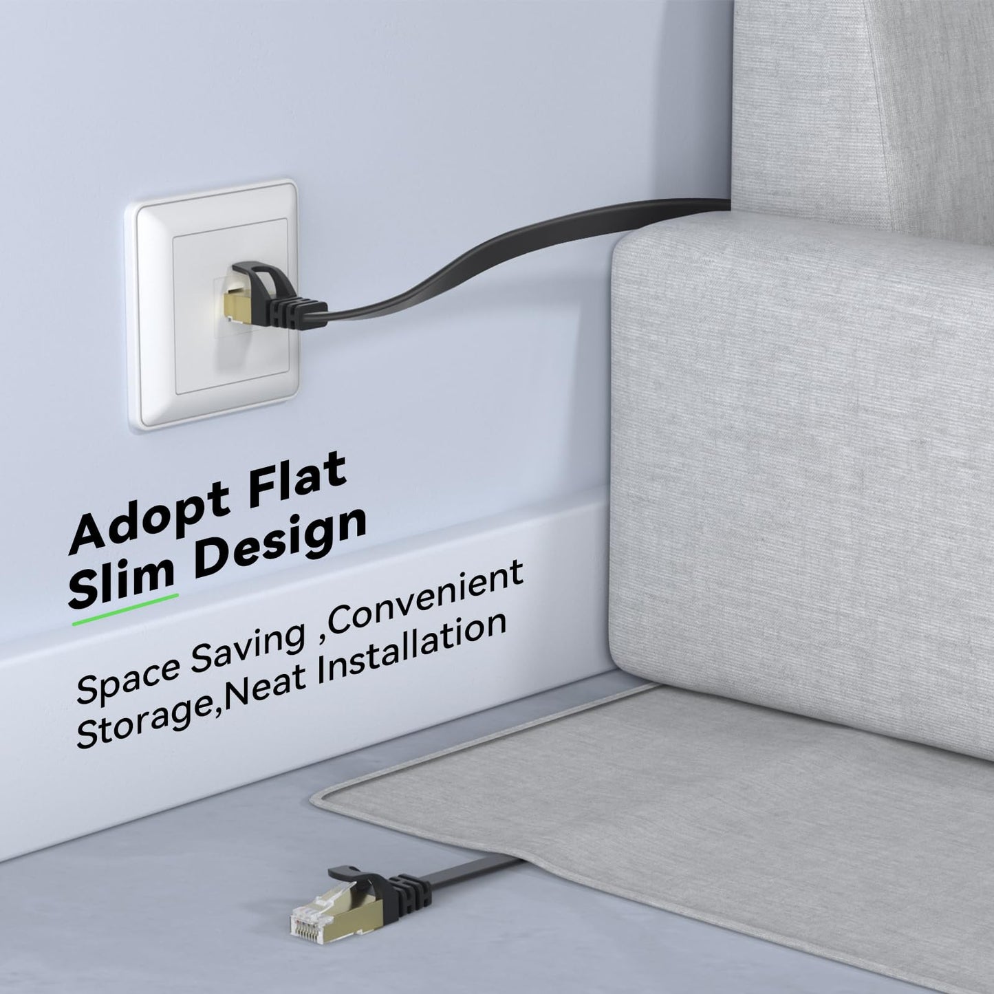 Cat 8 Ethernet Cable 50 FT, BUSOHE 40Gbps 2000MHz Cat8 High Speed Flat Internet Network Patch Cord, SFTP Shielded LAN Wire with Gold Plated RJ45 Connector, with Clips, for Outdoor Indoor- 50FT Black