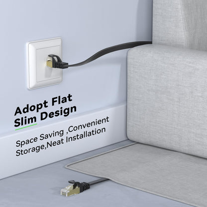 Cat 8 Ethernet Cable 50 FT, BUSOHE 40Gbps 2000MHz Cat8 High Speed Flat Internet Network Patch Cord, SFTP Shielded LAN Wire with Gold Plated RJ45 Connector, with Clips, for Outdoor Indoor- 50FT Black