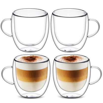 Cappuccino Glass Mugs, Set of 4 Double Walled Espresso Mug Cups Glass Mug Set, Insulated Drinking Glass Coffee Cups with Handle, Clear Glass Mugs for Latte, Cappuccino, Tea Bag, Juice (250ml /8.45oz)