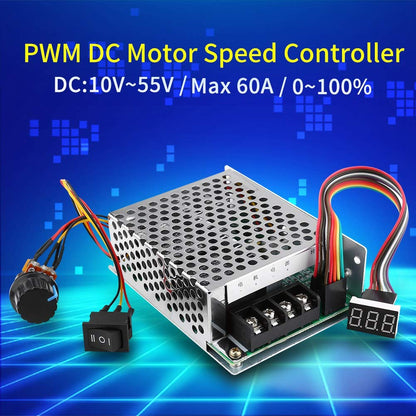 PWM DC Motor Speed Controller, DC10V-55V PWM Brushed DC Motor Controller, Adjustable DC Motor Speed Controller, CW CCW Reversible Switch with Digit Display, for DC Brush Motor