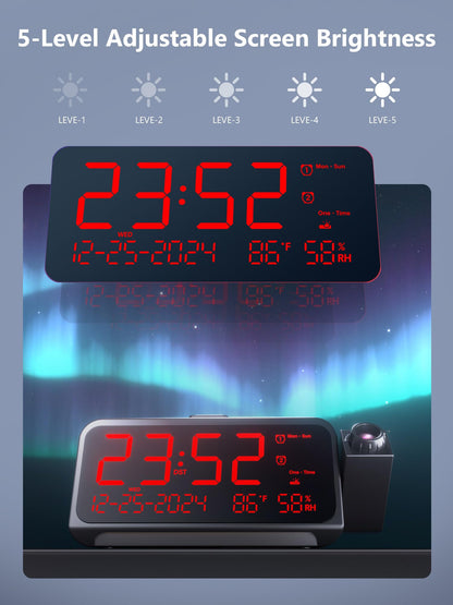 Projection Alarm Clock for Bedroom, Alarm Clock with 350° Rotatable Projector, 5 Brightness, Dual Alarm with Weekday/Weekend Mode, Temp & Humidity, Snooze, Bedside Alarm Clock for Heavy Sleepers（Red