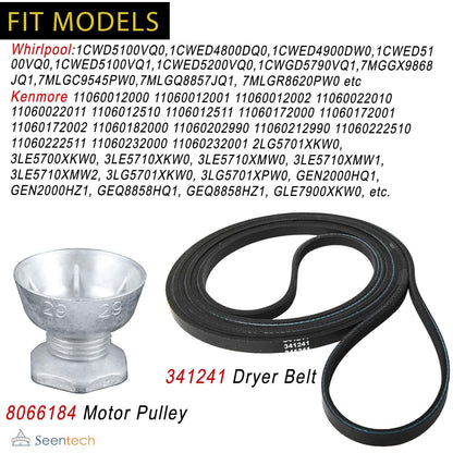 Seentech 341241 Dryer Belt & 8066184 Motor Pulley - Compatible for Whirlpool, Kenmore Dryers – Replace part number: PS11744884, W10290525, WP8066184VP, AP6011686, 8578565, W10299847, 3389627, 694871