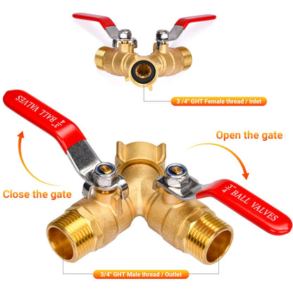 XIBETEO Heavy Duty Brass Garden Hose Splitter 2 Way with Stainless Steel Long Handle 3/4" GHT Thread Hose Y Valve Garden Hose Connector with Seal Tape and Washers