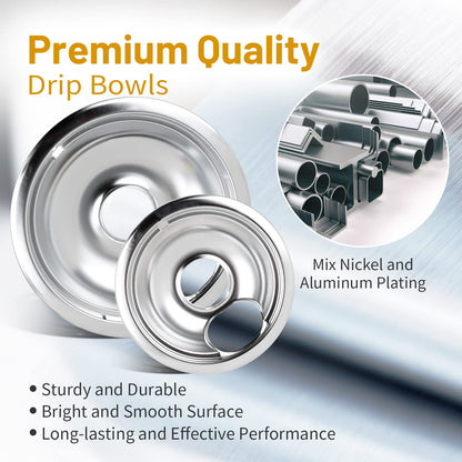 4 Pack Chrome Drip Pans, Compatible with Whirpool Kenmore Frigirate Stove Top Drip Bowls. Include 2 Pcs 6'' Range Replacement Drip Pans and 2 Pcs 8 '' Cooktop Drip Pans