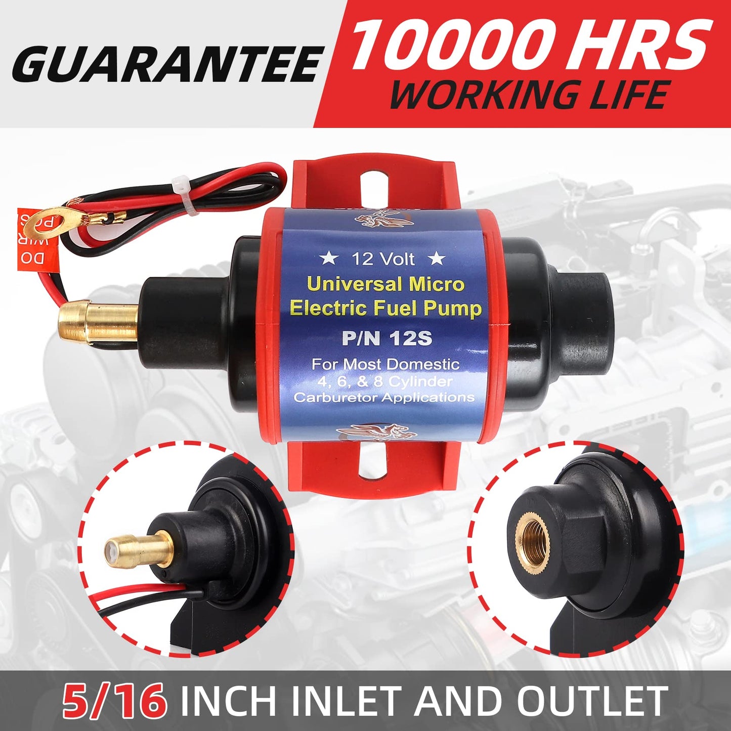 CarBole Micro Electric Gasoline Fuel Pump Universal 5/16 inch Inlet and Outlet 12V 1-2A 35GPH 4-7 P.S.I. Operating Fuel Pressure