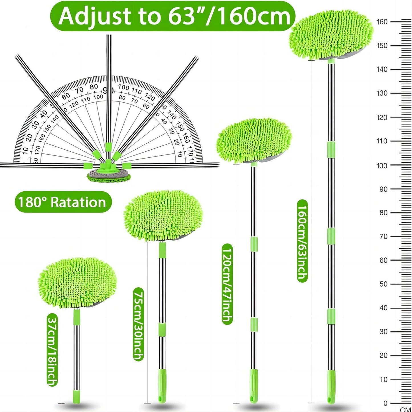63" Car Wash Brush with Long Handle Microfiber Cleaning Mop Kit for SUV Truck RV 2 in 1 Windshield Cleaner Automotive Interior Exterior Detailing Duster Mitt Scrubber Scratch-Free Accessories