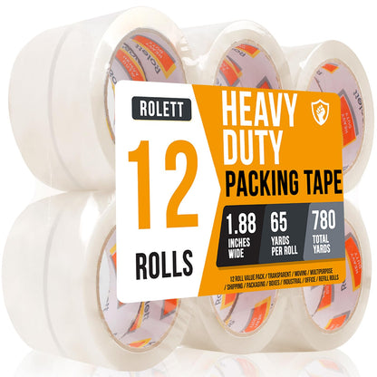 Rolett Packing Tape, 12 Rolls Shipping Tape, Heavy Duty Packaging Tape 1.88” x 65 yd, Heavy Duty Packing Tape Refills, Box Tape for Shipping, Mailing, Moving & Storage, Strong Seal on All Box Types