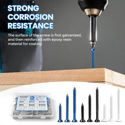 100PCS Concrete Screws Assortment Kit, Flat Head 3/16" Masonry Screws with Drill Bit and Driver Bit for Masonry