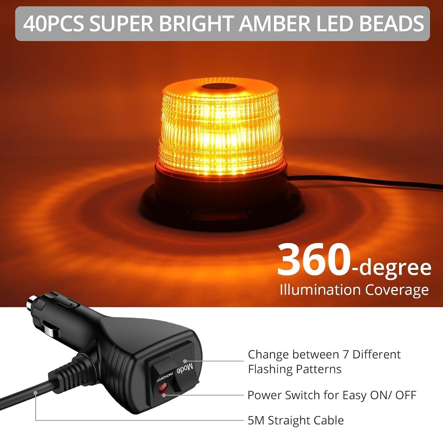 Justech 40LED Flashing Beacon LED Strobe Light Emergency Warning Strobe Light Magnetic Amber Strobe Lights 7 Flash Modes for Vehicle Forklift Truck Vehicle Tractor Bus