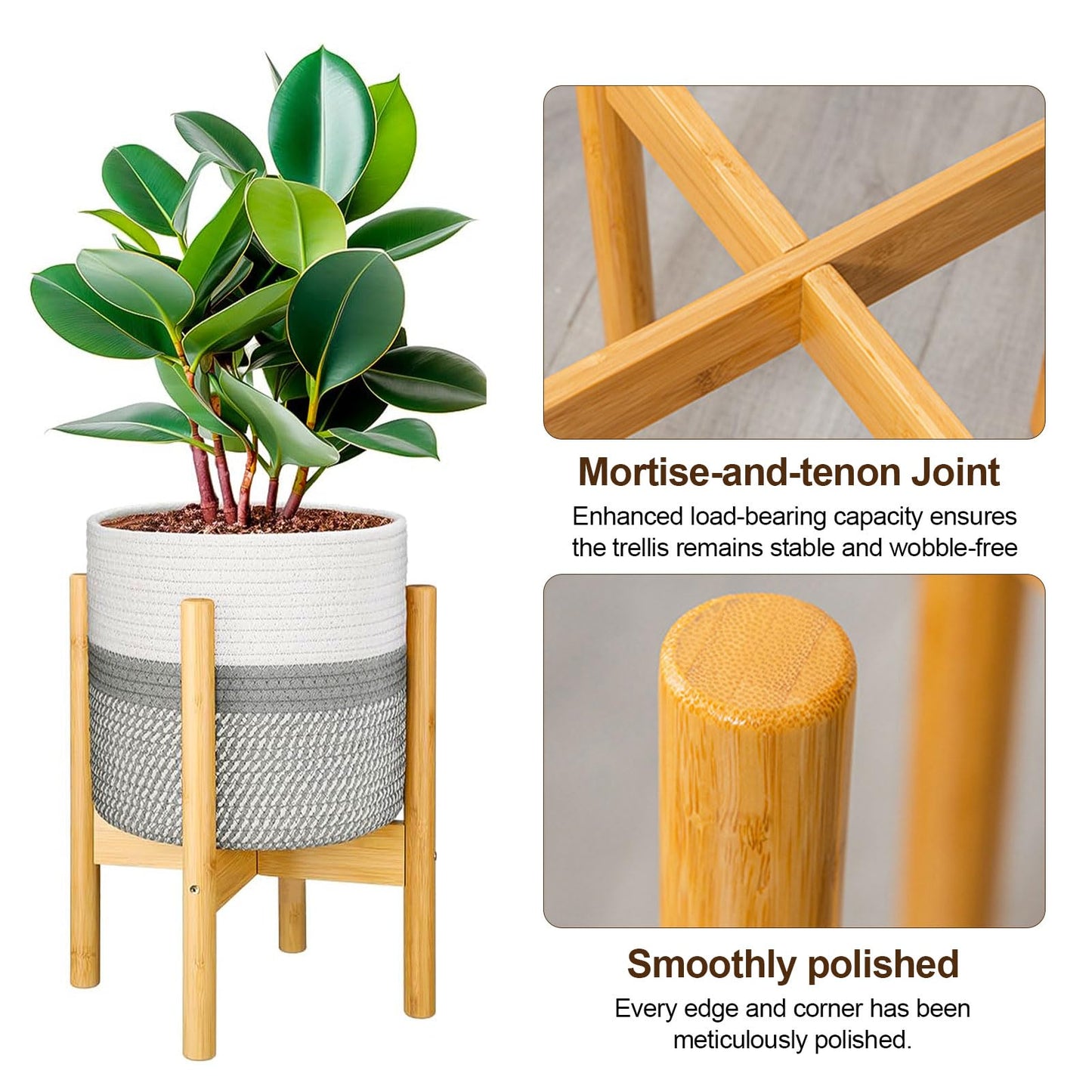 Sturdy Cross Plant Stands - Natural Finish, Oversized 12.59" Base, Adjustable 3.54"-7.48" Height, Flip Design, Reinforced Bamboo Braces Stand for Orchid, Potted Plants