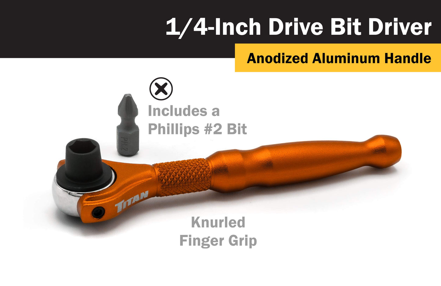 Titan Tools 11323 1/4-Inch Drive x 4-Inch 90-Tooth Swivel Head Micro Ratcheting Bit Driver - Orange