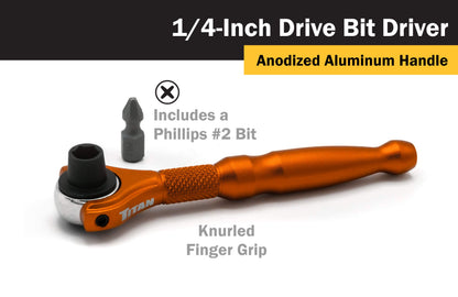 Titan Tools 11323 1/4-Inch Drive x 4-Inch 90-Tooth Swivel Head Micro Ratcheting Bit Driver - Orange