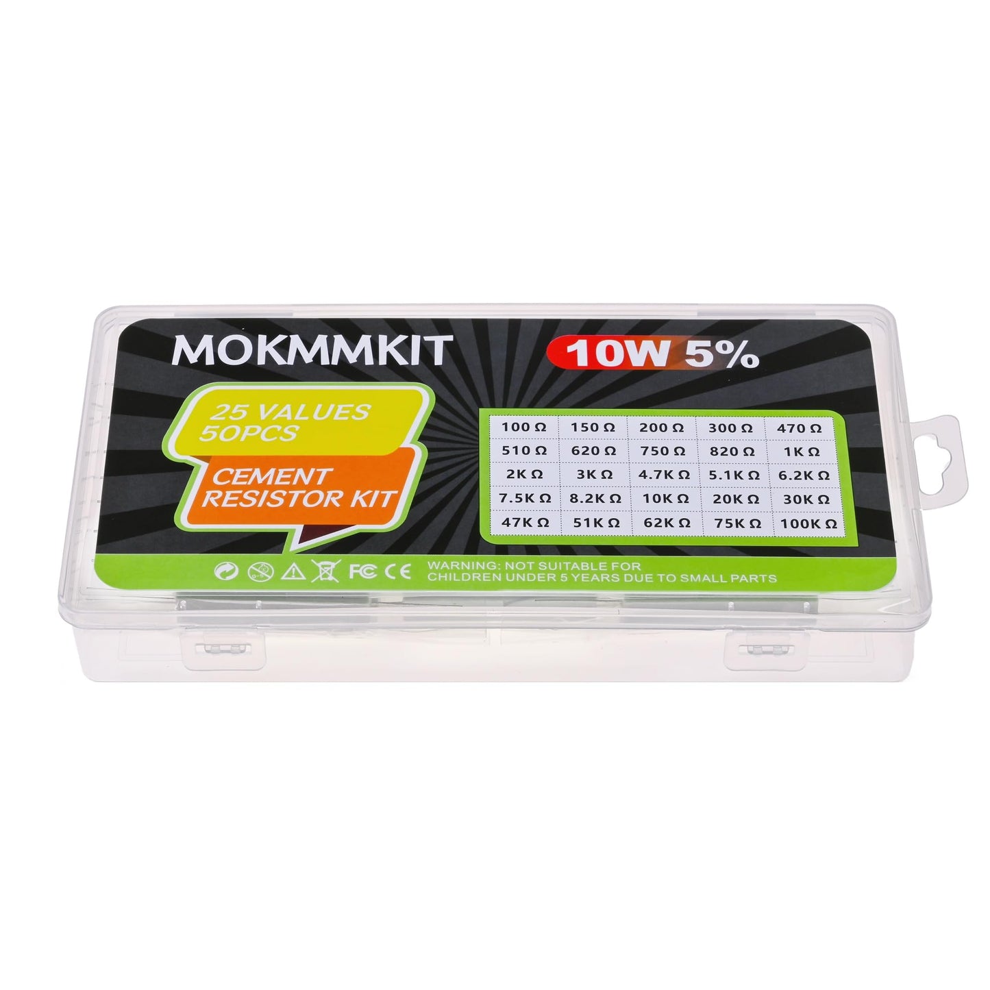 MOKMMKIT 25 Values 50 Pieces Ceramic Cement Resistor KIT 10W Resistance 10 Watt ±5% Power Resistors (100 Ohm - 100K Ohm)
