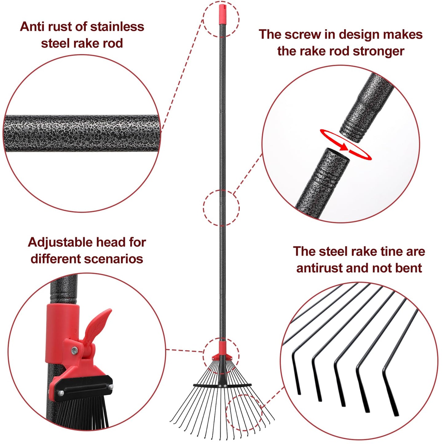 76 Inch Rake for Leaves, Adjustable 18 Metal Tines with Expandable Head Garden Rakes for Lawns Heavy Duty Metal Rake for Leaves Yard Gardening Grass Outdoor Debris