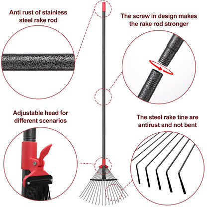 76 Inch Rake for Leaves, Adjustable 18 Metal Tines with Expandable Head Garden Rakes for Lawns Heavy Duty Metal Rake for Leaves Yard Gardening Grass Outdoor Debris