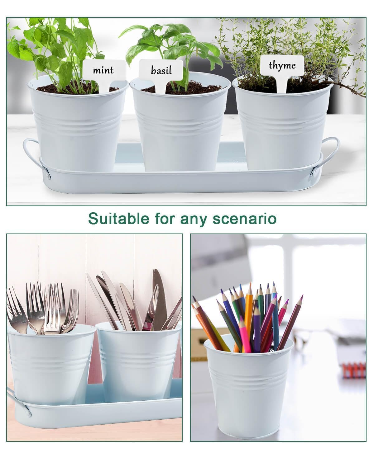 vensovo Indoor Herb Planter Set with Tray - Metal Windowsill Herb Plant Pot with Drainage & Plug for Garden Planter Outdoor, White