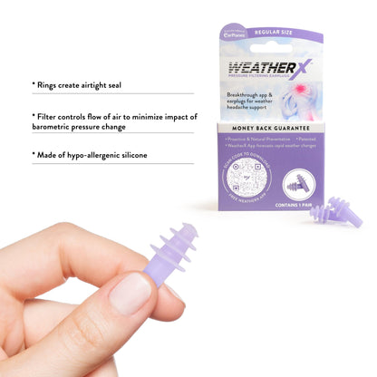 WeatherX Headache Prevention: Pressure Filtering Earplug for Shifts in Barometric Weather Pressure Download Free Alert app (Regular 1 PK)