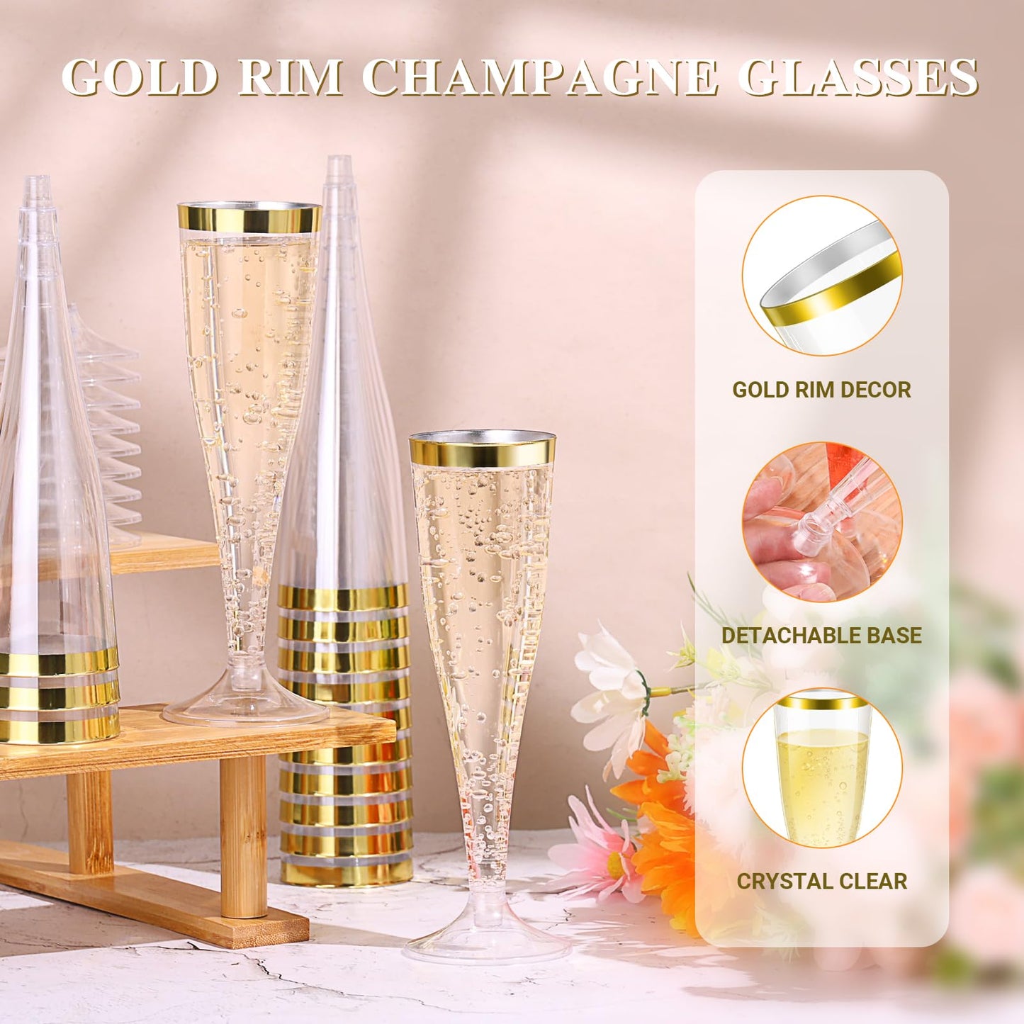 60 Pack Plastic Champagne Flutes, 4.5 OZ Clear Champagne Glasses with Gold Rim, Disposable Champagne Cups, Sturdy Plastic Toasting Glasses for Wedding Birthday Bridal Shower Party, Mimosa Bar Supplies