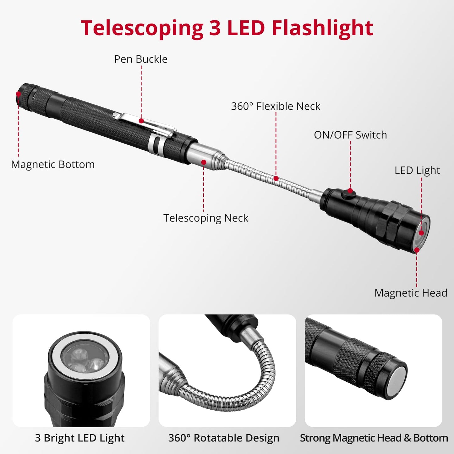 XUNTOP 6 PCS Magnetic Telescoping Pickup Grabber Tool Set Including 15 lb/1 lb/8 lb with LED Light/Round/Square Inspection Mirror/Telescoping Handle 360° Swivel for Extra Viewing Pickup Dead Angle