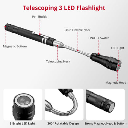 XUNTOP 6 PCS Magnetic Telescoping Pickup Grabber Tool Set Including 15 lb/1 lb/8 lb with LED Light/Round/Square Inspection Mirror/Telescoping Handle 360° Swivel for Extra Viewing Pickup Dead Angle