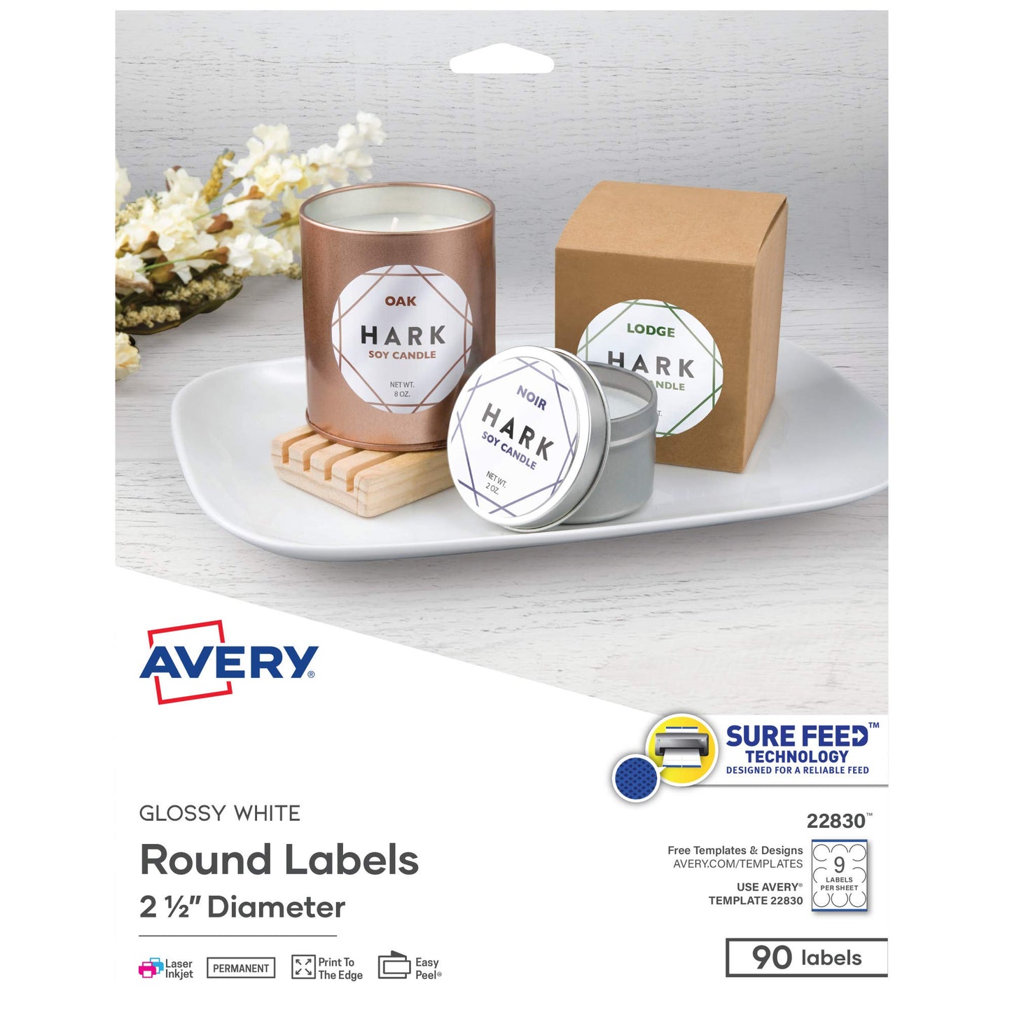 Avery Print - To - The - Edge Round Labels, Glossy White, 2.5-Inch Diameter, 90 Labels (22830)
