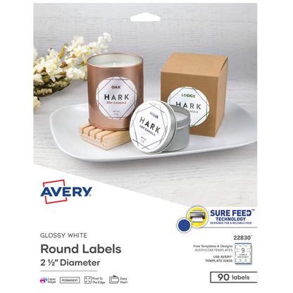 Avery Print - To - The - Edge Round Labels, Glossy White, 2.5-Inch Diameter, 90 Labels (22830)