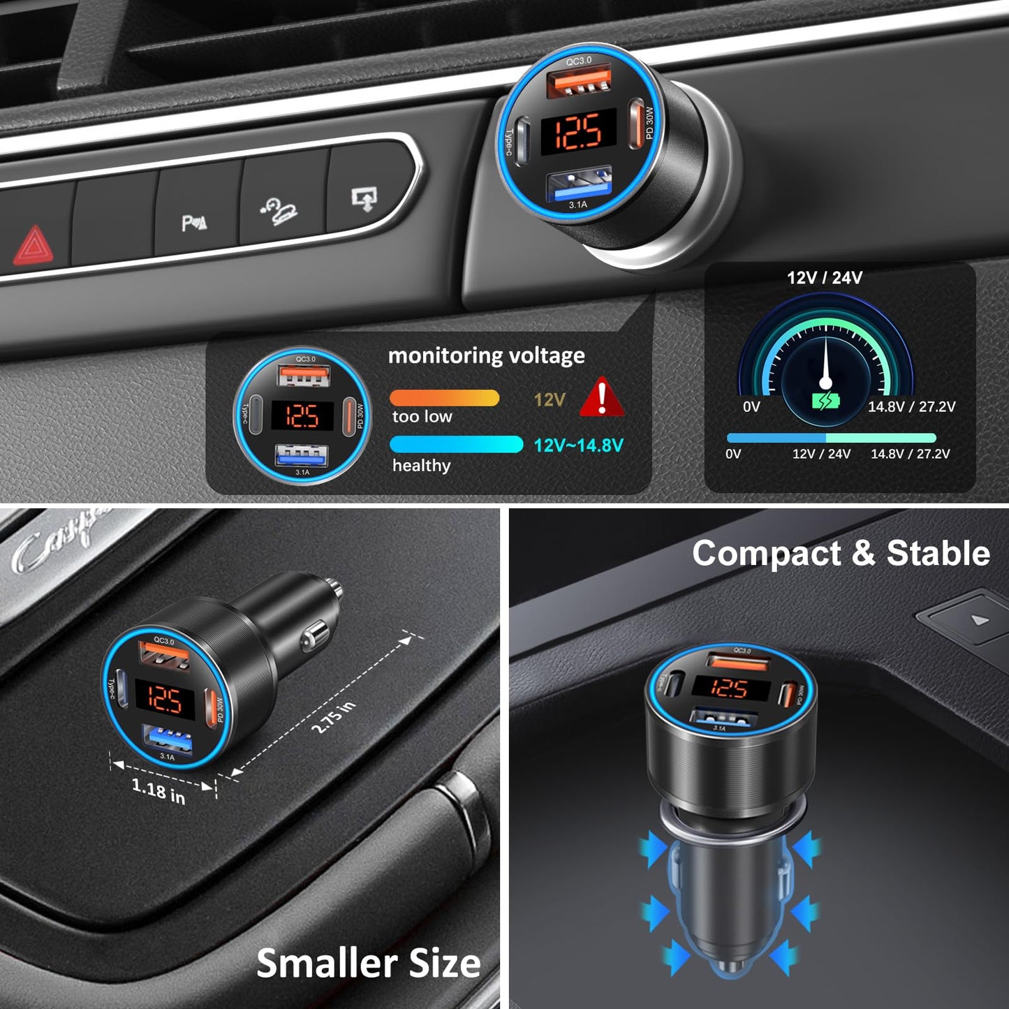 USB C Car Charger 3 Pack, 65W 4-Port Super Fast Car Phone Charger PD+QC 3.0 12V USB Car Charger with Voltage Display Cigarette Lighter Adapter for iPhone 16e 15 14 13 12 Pro Max,Samsung,Android(Black)