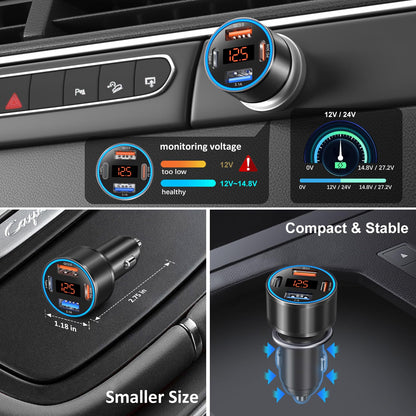 USB C Car Charger 3 Pack, 65W 4-Port Super Fast Car Phone Charger PD+QC 3.0 12V USB Car Charger with Voltage Display Cigarette Lighter Adapter for iPhone 16e 15 14 13 12 Pro Max,Samsung,Android(Black)