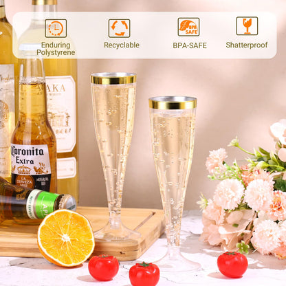 60 Pack Plastic Champagne Flutes, 4.5 OZ Clear Champagne Glasses with Gold Rim, Disposable Champagne Cups, Sturdy Plastic Toasting Glasses for Wedding Birthday Bridal Shower Party, Mimosa Bar Supplies