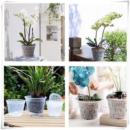 4Pack Orchid Pots,6.67 Inches Breathable Slotted Orchid Planters, Orchid Pots with Holes and Saucers, Plastic Flower Plant Pots Indoor and Outdoor, Breathable Flower Pot Home Decor Nursery Pots