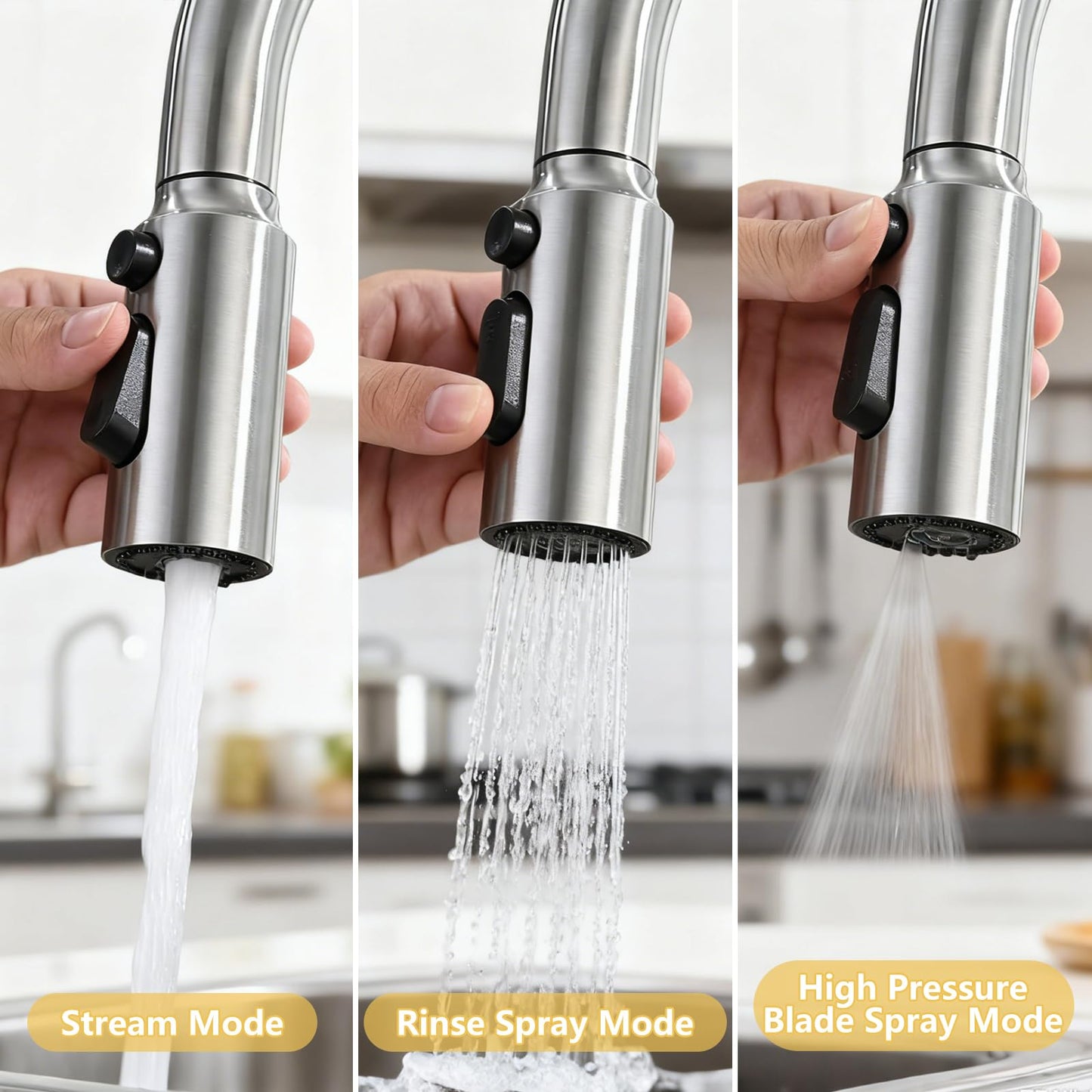 All Metal Kitchen Faucet Head Replacement, 3 Modes Stainless Steel Pull Down Kitchen Sink Sprayer, High Pressure Sink Sprayer Attachment with 14 Adapters Fits Most Common Brands (Brushed Nickel)