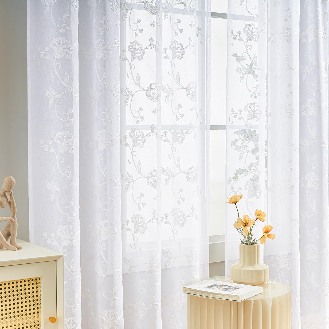 Sheer Curtains Floral Embroidery White 84 Inch Long Rod Pocket Lace Drapes for Living room, Bedroom, 2 Panels, 52"x84", Semi Voile Pattern Outdoor Window Treatment Sets for Yard, Patio, Villa, Parlor.