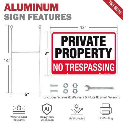 T&R No Trespassing Sign Private Property Sign with H Stake for Outside,3 Pack,12"x8" .040 Rust Free Heavy Aluminum, Waterproof,Includes Matching Screws & Wrench, Easy to Mount