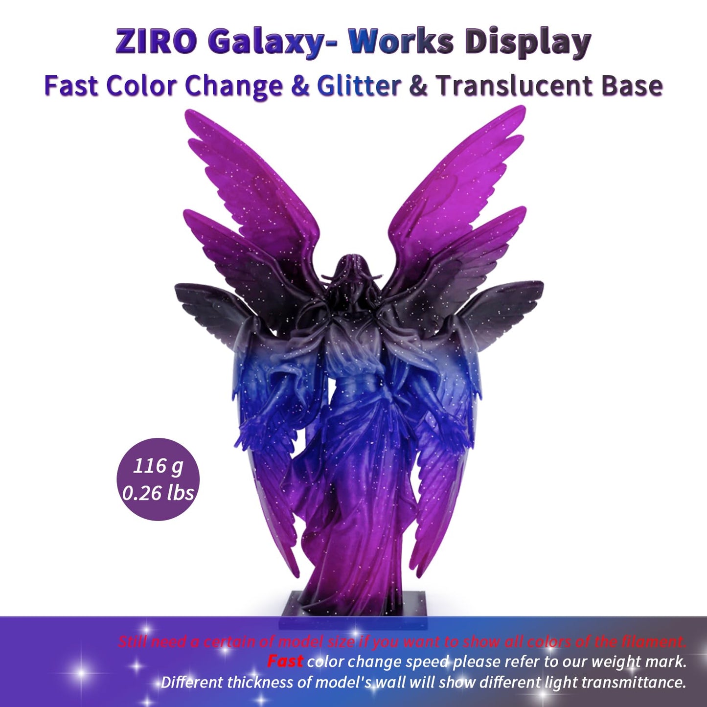 ZIRO Fast Color Changing Twinkling PLA, PLA Filament 1.75mm, Sparkle Glitter with Colorful Transluent PLA, 3D Printing Material,1kg Spool, Dimensional Accuracy +/-0.03mm, Fit Most 3D Printers, Galaxy