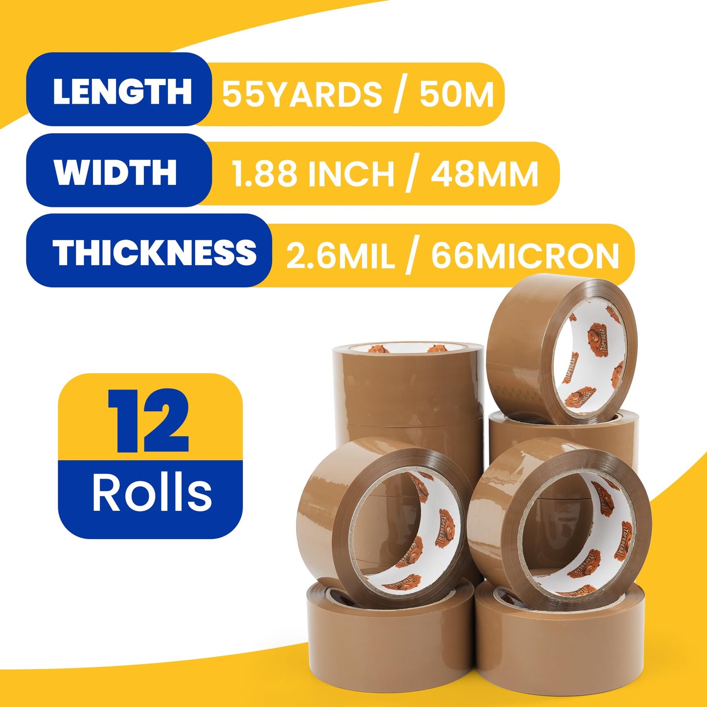 TAPEBEAR Brown Packing Tape 12Rolls, Packaging Tape Refills 66mic x 1.88 Inch x 55 Yard Moving Tape for Boxes, Secure Sticky Brown Tape Heavy Duty for Shipping, Mailing & Storage, Total 660Yards