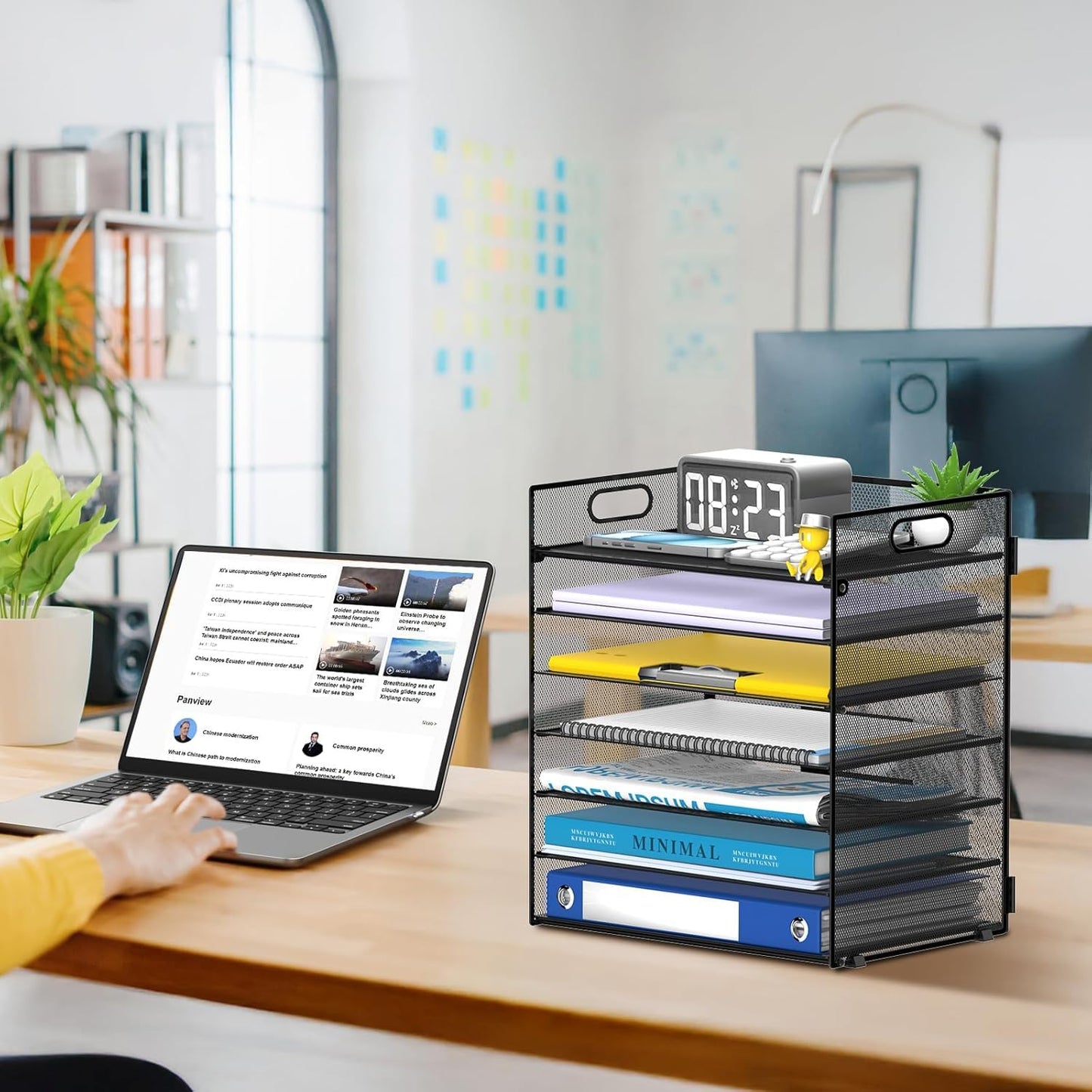 Reeplan 7-Tier Paper Organizer for Desk, Mesh Desk File Organizer with Handle, Paper Letter Tray File Sorter for Office Home School (Black)
