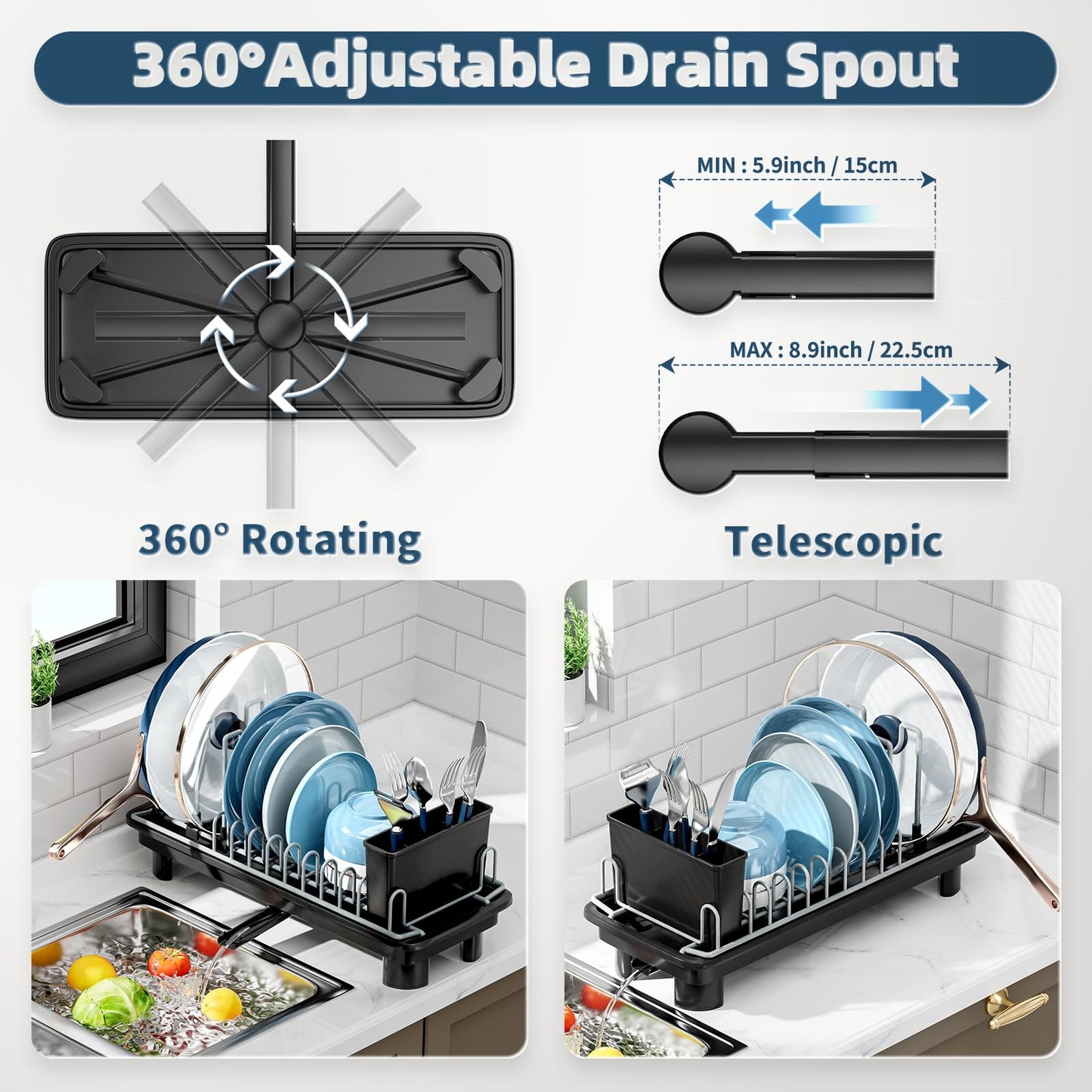 SanDream Small Dish Drying Rack, Compact Dish Rack for Kitchen Counter with Removable Cutlery Holder, 360°Rotating Spout, Multifunctional Stainless Steel Dish Drainer, Space Saving