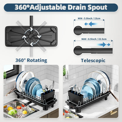 SanDream Small Dish Drying Rack, Compact Dish Rack for Kitchen Counter with Removable Cutlery Holder, 360°Rotating Spout, Multifunctional Stainless Steel Dish Drainer, Space Saving