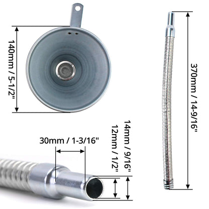 QWORK Spout Funnel with 14-9/16" Long Flexible Hose and Strainer, Steel Universal Priming Funnel for All Oils,Diesel Fuel and Other Liquids