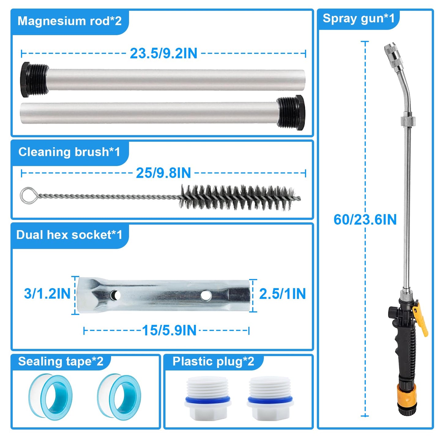 RV Water Heater Anode, Hot Water Heater Flush Wand and Stainless Steel Brush Kit for Cleaning Sediment - Designed for Suburban and Mor-Flo Water Heaters (9 Pcs RV Anode Rod Kit)