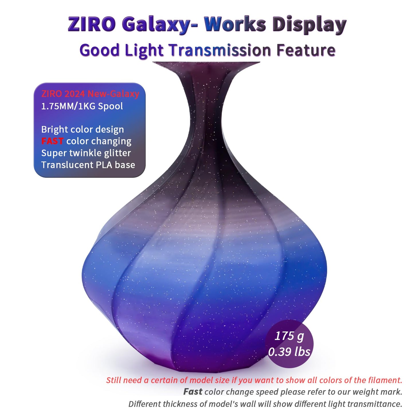 ZIRO Fast Color Changing Twinkling PLA, PLA Filament 1.75mm, Sparkle Glitter with Colorful Transluent PLA, 3D Printing Material,1kg Spool, Dimensional Accuracy +/-0.03mm, Fit Most 3D Printers, Galaxy