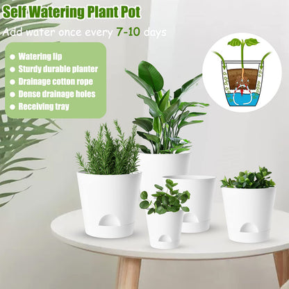 Self Watering Planters, 6 Pcs 8''+7"+6.5"+6"+5.5"+5" Plastic Flower Pots with Detachable Reservoir and Drainage Holes, Modern White Planter for Decorative Indoor Outdoor Plants (White)