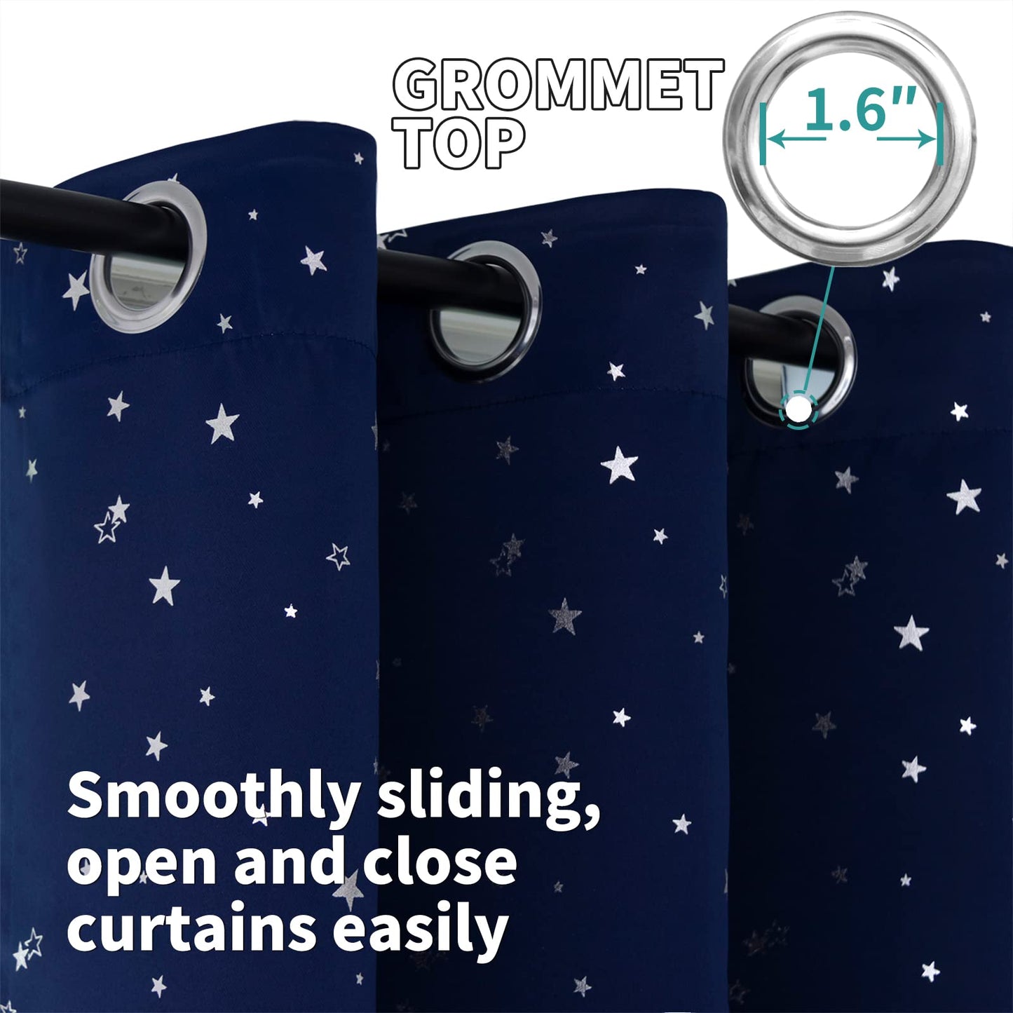 BGment Navy Blue Kids Blackout Curtains 63 Inches Long for Bedroom - Silver Star Printed Thermal Insulated Room Darkening Grommet Curtains for Living Room, 2 Panels, 52 Wide