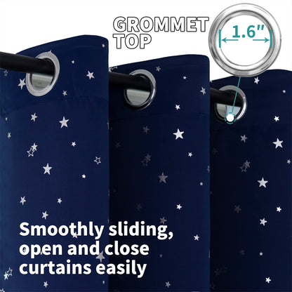 BGment Navy Blue Kids Blackout Curtains 63 Inches Long for Bedroom - Silver Star Printed Thermal Insulated Room Darkening Grommet Curtains for Living Room, 2 Panels, 52 Wide