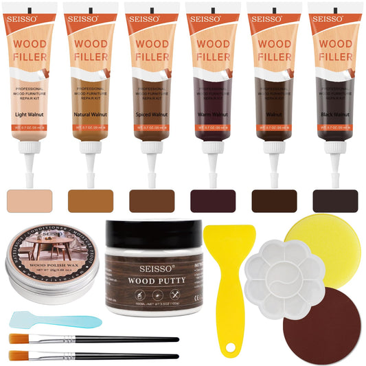 Wood Furniture Repair Kit, 6 Colors Wood Filler Hardwood Laminate Vinyl Floor Repair Kit with Wood Putty, Wood Polish Wax for Hole, Scratch, Crack, Stain (Walnut Wood 15Pcs)