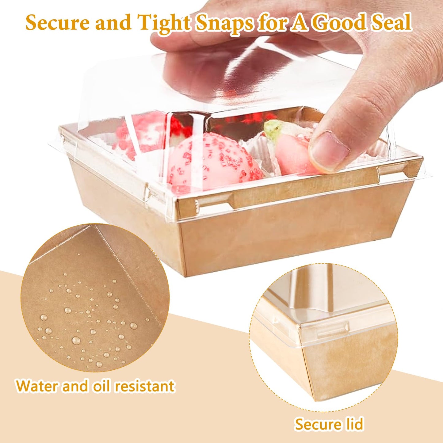 50PCS Charcuterie Boxes with Clear Lids, 5 Inch Brown Kraft Paper Dessert Boxes Disposable Square Food Containers, Snackle Box Sandwich Boxes for Strawberries, Slice Cake,Hot Cocoa Bombs