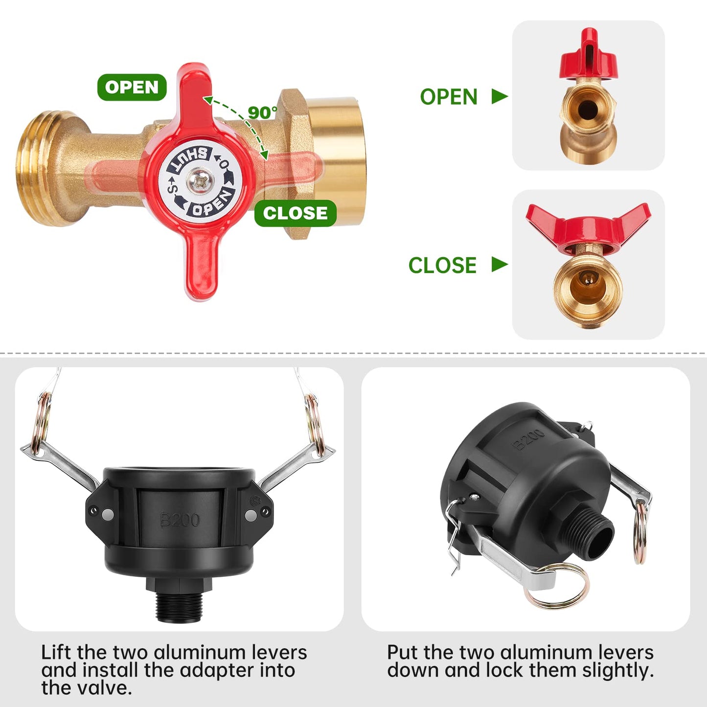 WADEO 330 275 Gallon IBC Tote Fittings, IBC Tote Adapter 2 inch Cam Lock for Garden Hose 3/4 inch Outlet, with Valve Control 2 Hose Adapters and Seal