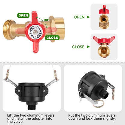 WADEO 330 275 Gallon IBC Tote Fittings, IBC Tote Adapter 2 inch Cam Lock for Garden Hose 3/4 inch Outlet, with Valve Control 2 Hose Adapters and Seal