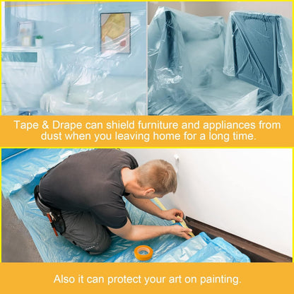 Pre-Taped Masking Film for Painting - 60" x 66' Painters Plastic Sheeting with Automotive Paint Tape and Drape for Covering Cars, Walls, Windows and Furniture Protection (4 Rolls)